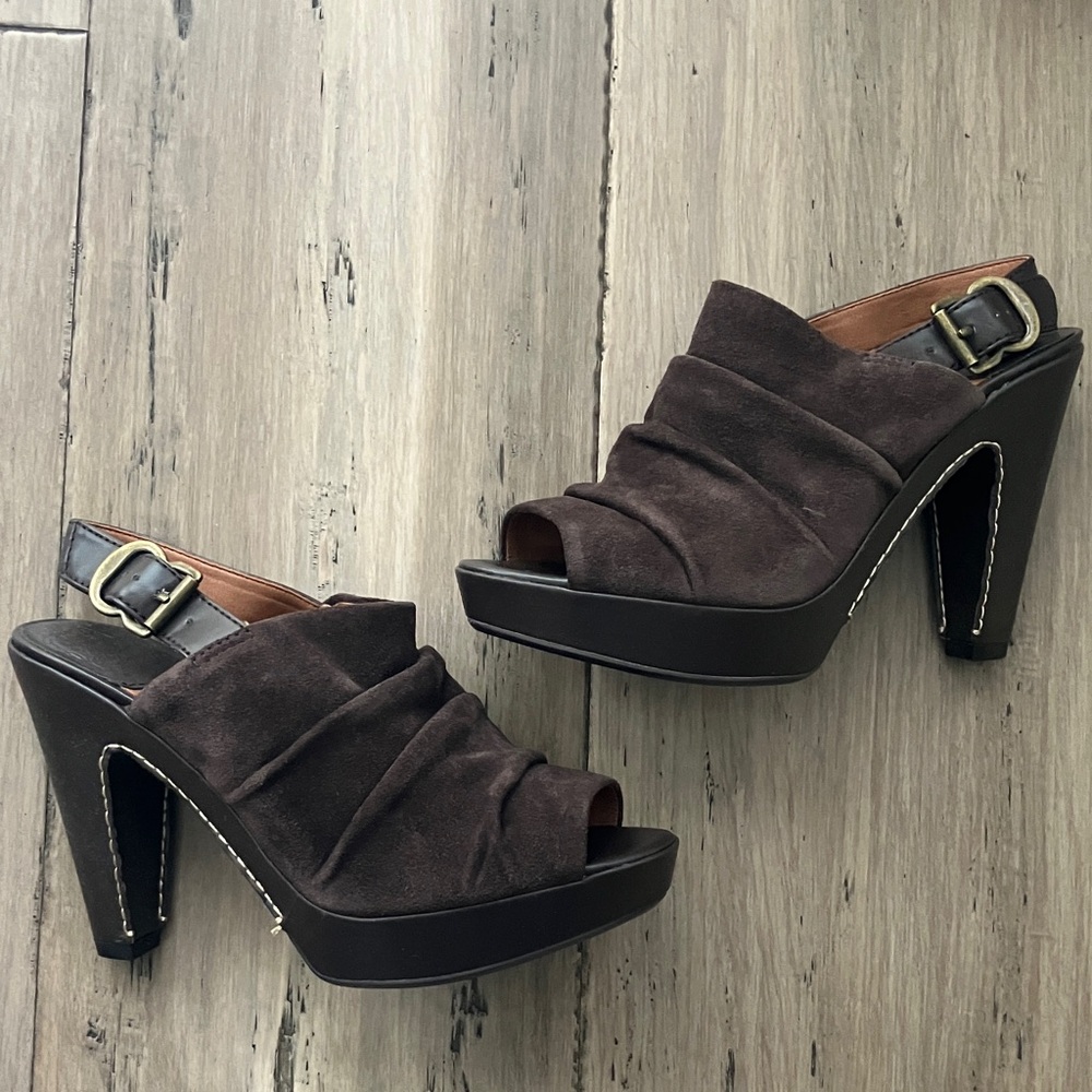 Lucky Brand Free People Ruched Coffee Brown Suede Platform Heels Pumps 7.5